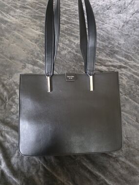 Calvin Klein Black Leather Tote with Silver Accents